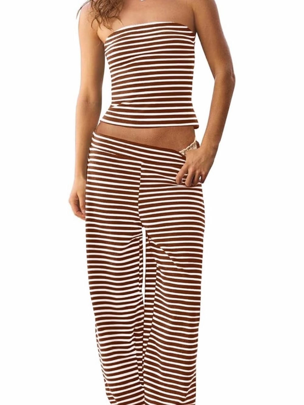 Striped Tube Top and Wide Leg Pants Set - Brown & White